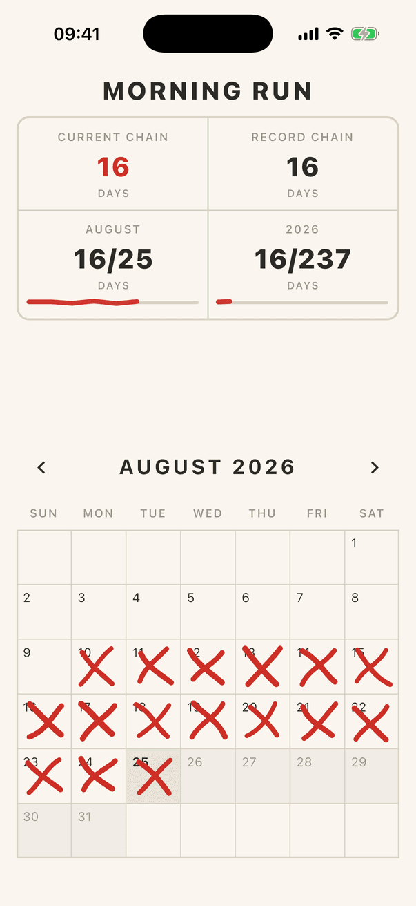 A habit's wall calendar for August with a 16-day chain of red X-es, plus current chain, record chain and month and year progress.