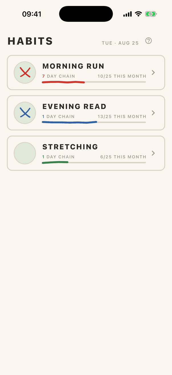 Exfield's habits list: three habits, each with today's X circle, its chain length and this month's progress stroke.
