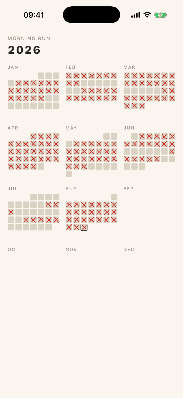 The year at a glance: twelve mini months with every marked day X-ed.